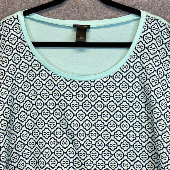 ANN TAYLOR Top Women's Large Blue Blouse Crew Neck Short Sleeve Geometric NWOT - Picture 2 of 11